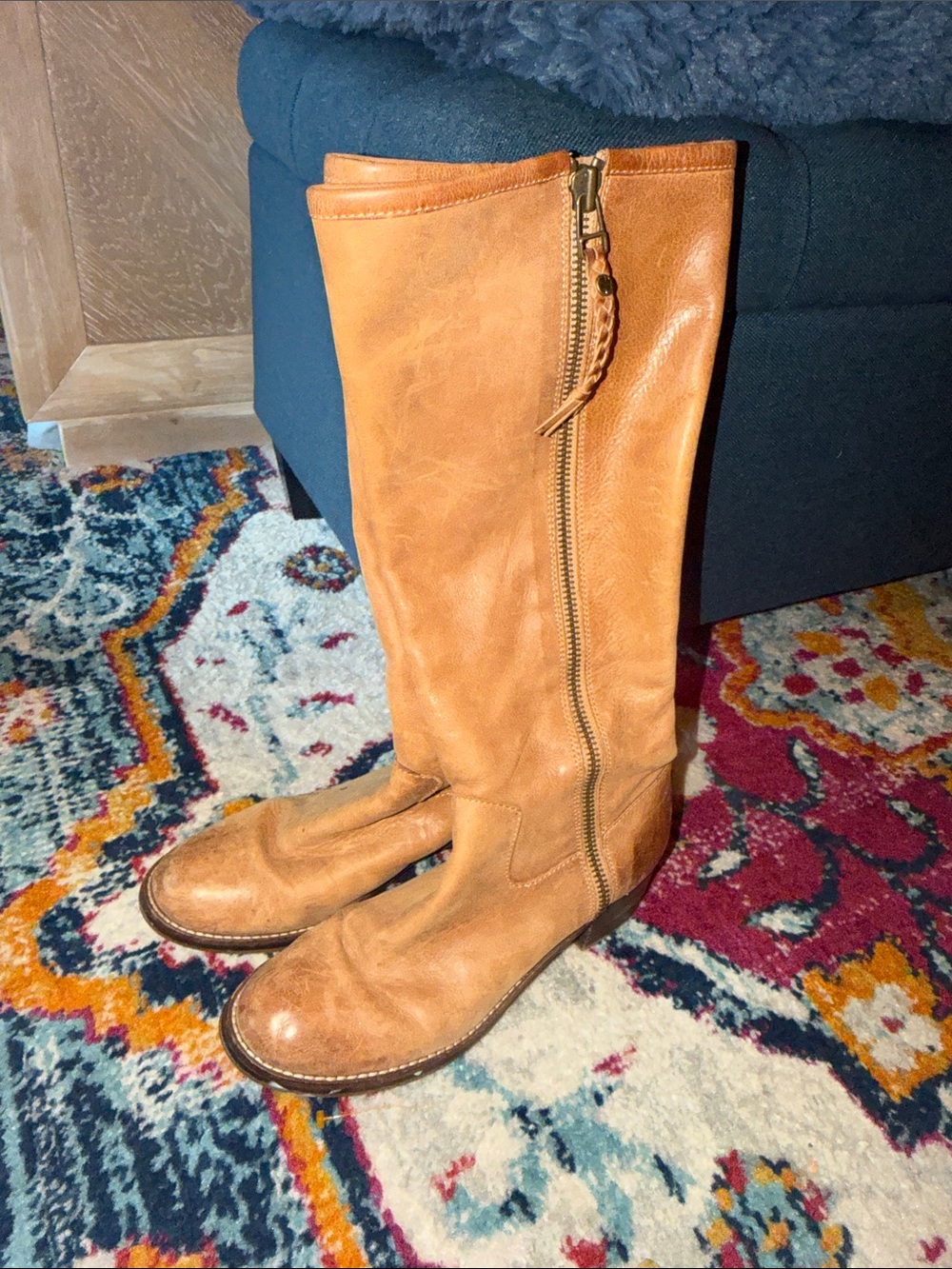 Frye Tall Zip Leather Riding Boots in Cognac Tan